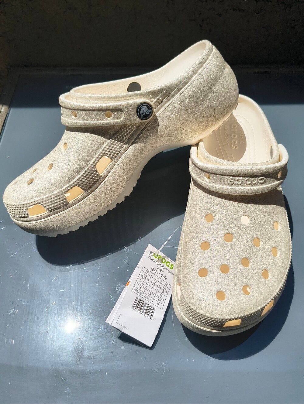 Crocs Women's Classic Platform Glitter  Chalk Ivory Clog
